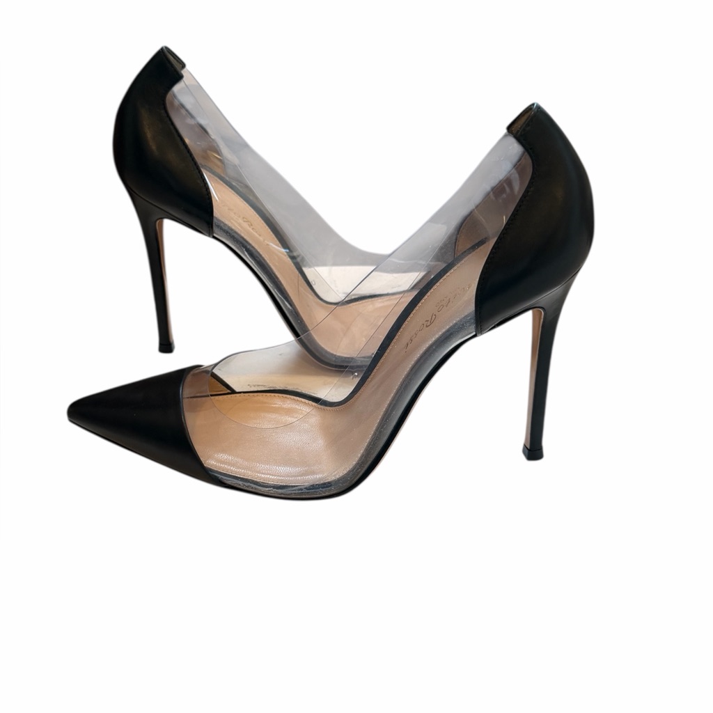 Gianvito Rossi Plexi Pump 38.5 8.5 Black Leather Clear Pvc Pointed Toe Stiletto